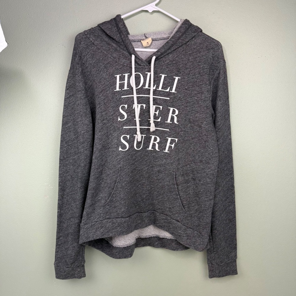 Hollister Surf Graphic Hoodie Charcoal Gray Heather Pullover Sweatshirt Womens M